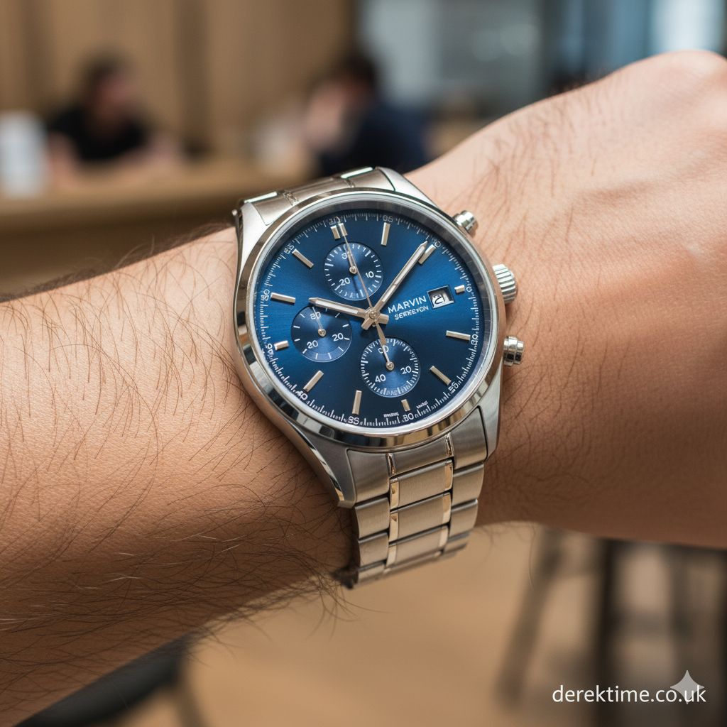 Understanding Marvin Serrevon A Comprehensive Guide A detailed shot of a Marvin Serrevon watch face, highlighting its classic design and signature red accent on the dial.