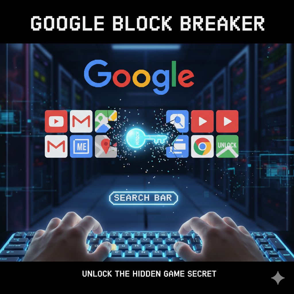 Google Block Breaker Illustration of the Google Block Breaker game with a paddle, ball, and colorful bricks.