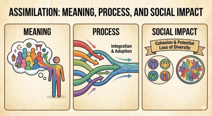 Assimilasjon Meaning, Process, and Social Impact A conceptual illustration showing blurred cultural symbols merging into a dominant flag, representing the process of assimilasjon.