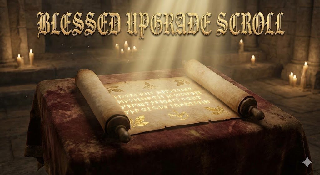 A detailed illustration of a glowing parchment scroll with protective runes next to a sword being successfully enhanced.