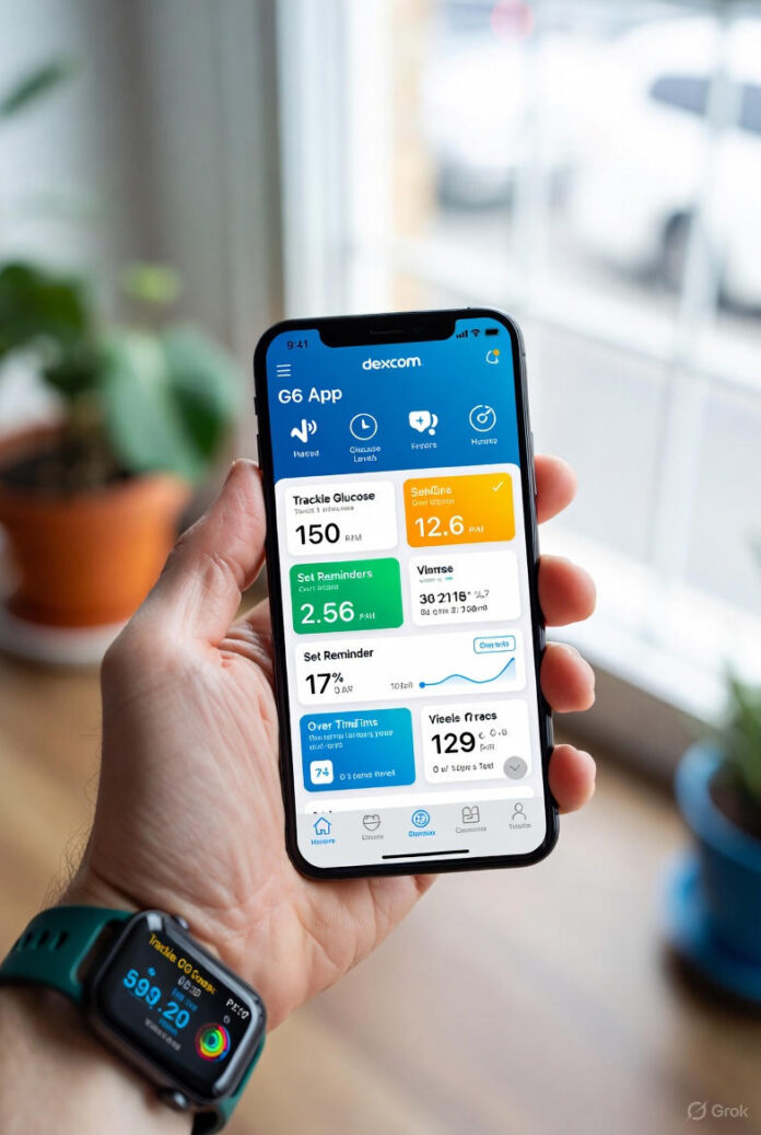 Dexcom G6 App Complete Guide to Features Setup and Benefits A smartphone displaying the Dexcom G6 app interface showing a glucose graph and current reading, placed next to a Dexcom G6 sensor and transmitter.
