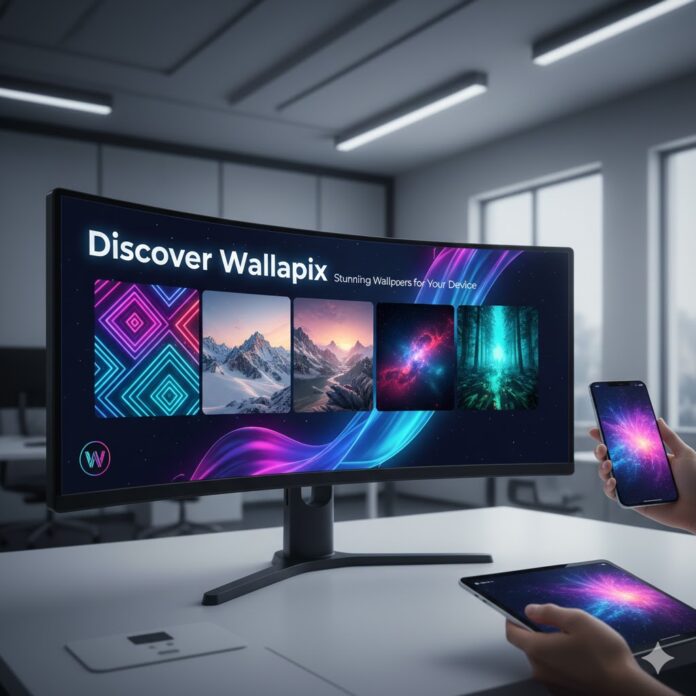 Discover Wallapix Stunning Wallpapers for Your Device A collage showing a smartphone, tablet, and laptop with beautiful nature and abstract wallpapers from Wallapix displayed on their screens.