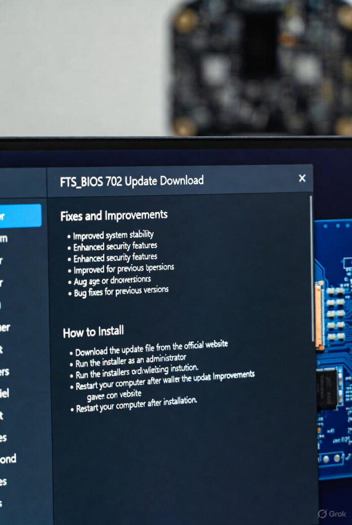 FTS_BIOS 702 Update Download Fixes, Improvements, and How to Install Primary image: A close-up of a computer motherboard with a BIOS chip highlighted, showing a firmware update process on a screen.