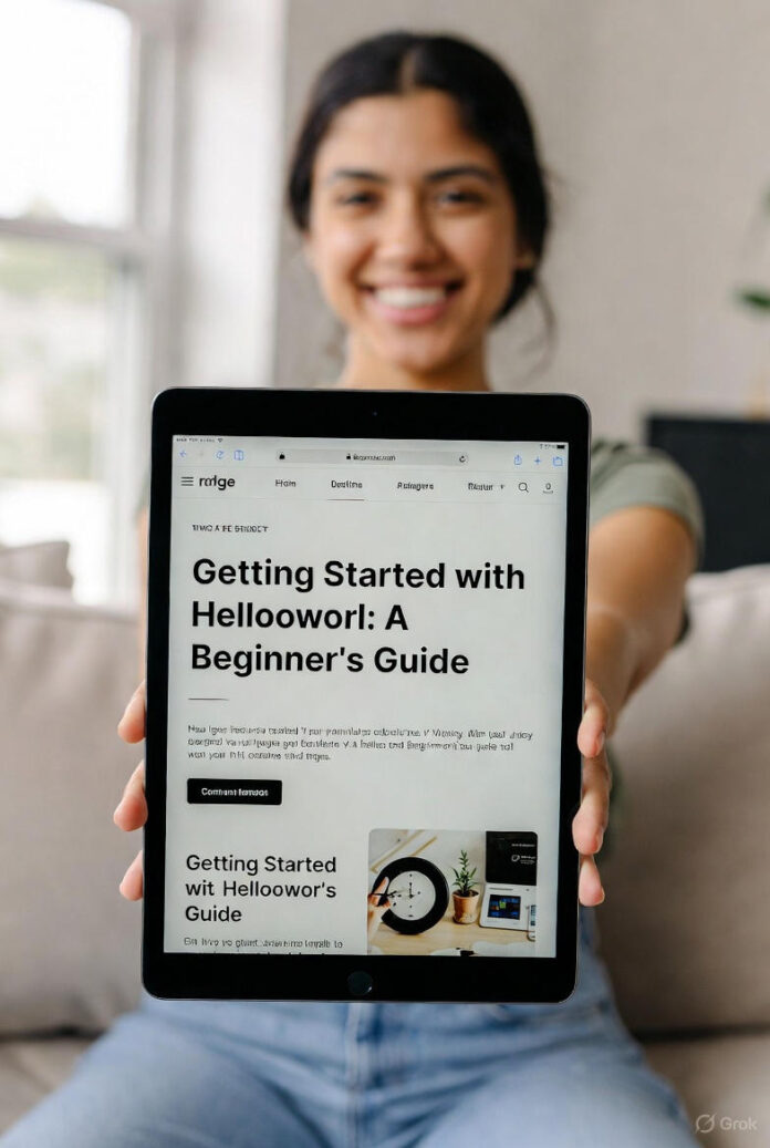 Getting Started with Hellooworl A Beginner’s Guide A beginner's screen showing a simple code editor with the hellooworl program output displayed on a terminal.