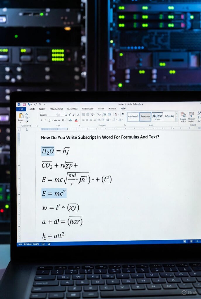 Illustration showing the difference between normal text, subscript, and superscript formatting in Microsoft Word with examples of chemical formulas and mathematical expressions.