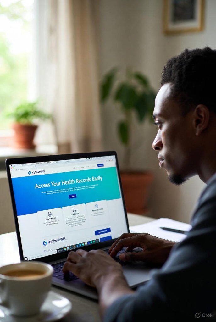 A person using a laptop and smartphone to access the MyChartNWM patient portal for healthcare management.
