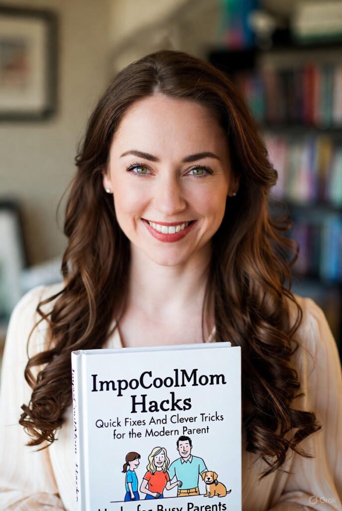 A smiling, relaxed mom smiling while holding a toolbox labeled "HACKS" with school supplies, toys, and healthy snacks neatly organized around her in a sunny kitchen.