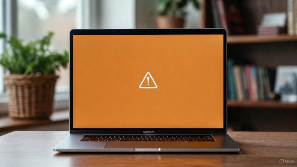 A MacBook Pro laptop displaying an orange tint and blotches on its screen, indicating a software or hardware display issue.
