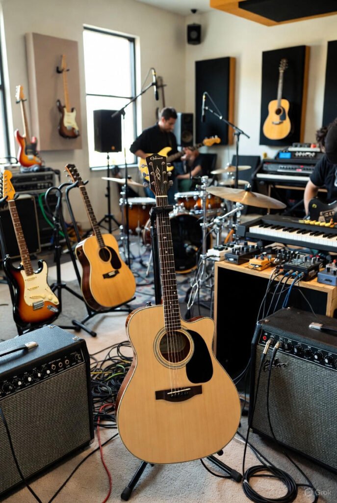 Ovation guitar with amp cable; Cable types comparison; Setup steps illustration.