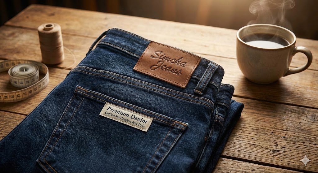 Close-up of the textured indigo fabric and stitching on a pair of Simcha Jeans.