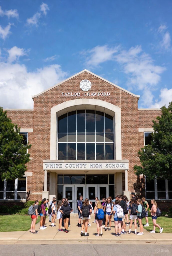 White County High School building exterior with students engaging in academic and extracurricular activities.