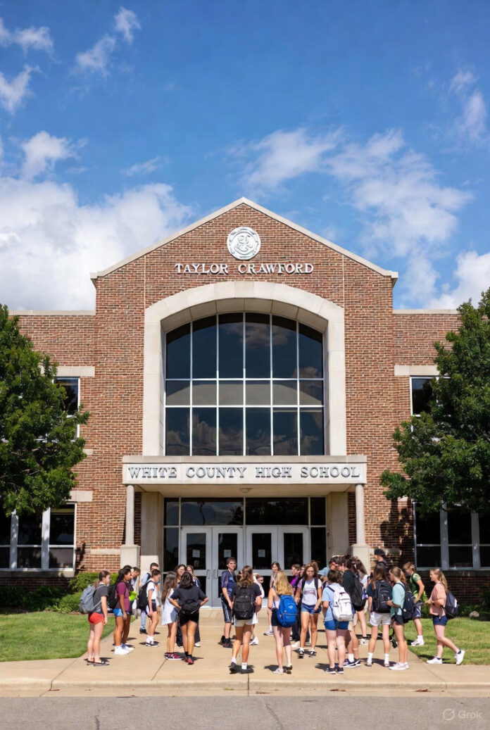 Taylor Crawford White County High School Complete Overview White County High School building exterior with students engaging in academic and extracurricular activities.