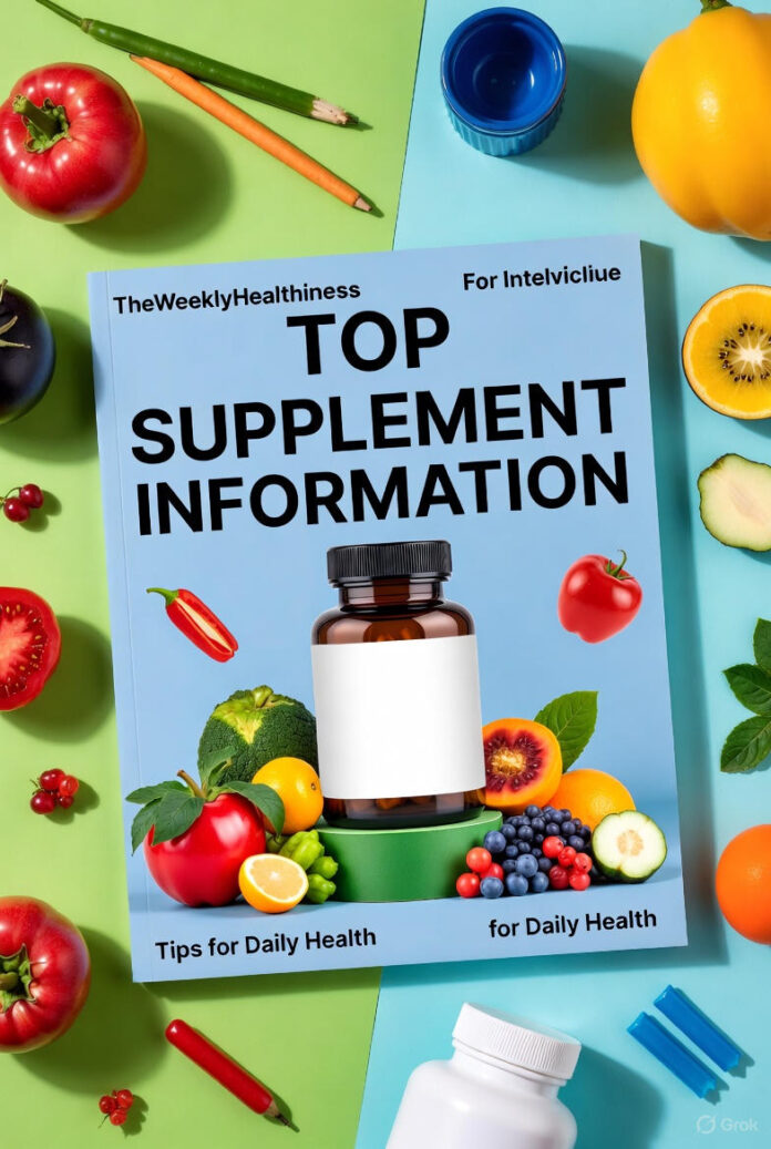 Top Supplement Information TheWeeklyHealthiness Tips for Daily Health A curated collection of daily health supplements including vitamins, fish oil, and probiotics, arranged neatly on a wooden table with fresh fruits and vegetables.