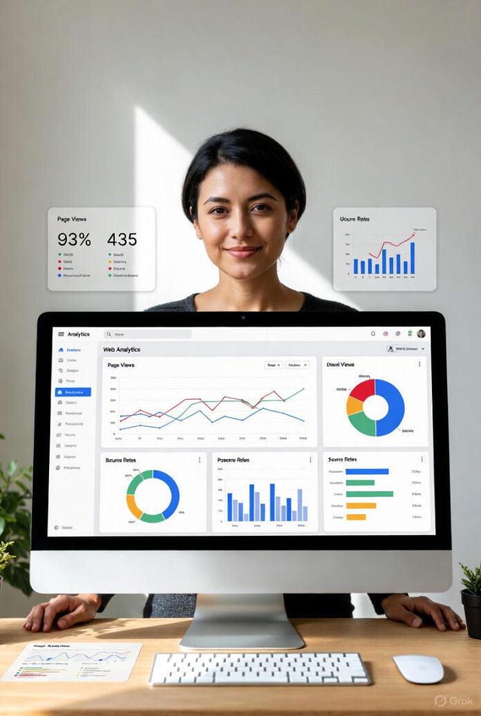 Why Choose Godoxy Web Analytics for Website Analytics An illustration showing a dashboard of Godoxy Web Analytics with graphs and charts visualizing website data trends.