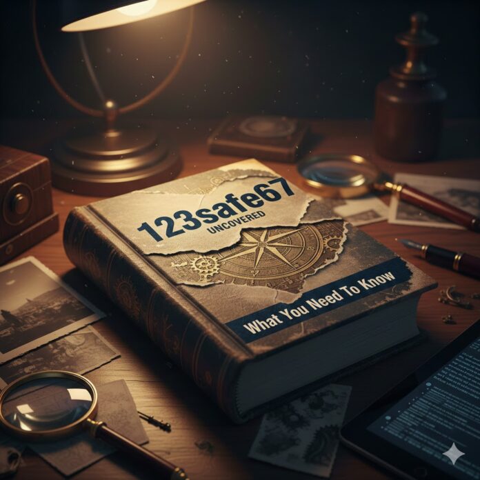 123safe67 Uncovered What You Need To Know Magnifying glass over a computer screen showing warning symbols and the term 123safe67, representing online security investigation.