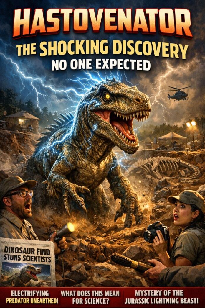 Hastovenator The Shocking Discovery No One Expected A detailed scientific reconstruction of the newly discovered dinosaur Hastovenator, showcasing its long skull, robust neck, and unique large forelimb claw in a coastal floodplain environment.
