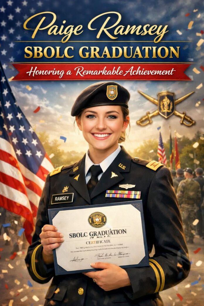 Paige Ramsey SBOLC Graduation Honoring a Remarkable Achievement Second Lieutenant Paige Ramsey stands at attention during her Signal Corps Basic Officer Leadership Course graduation ceremony at Fort Eisenhower.