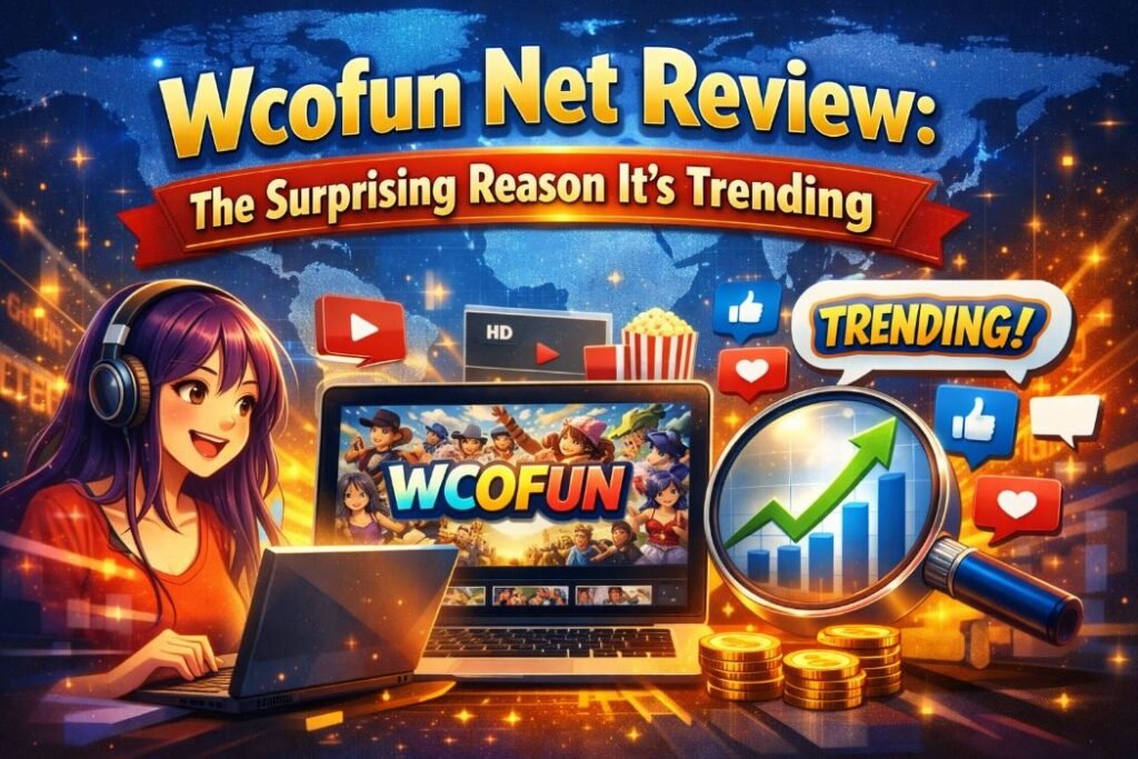 An analytical review of the Wcofun net website showing a laptop displaying its interface, with icons symbolizing security, legality, and content.