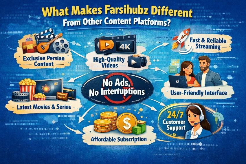 Infographic comparing the structured hub model of Farsihubz to a traditional linear content feed.