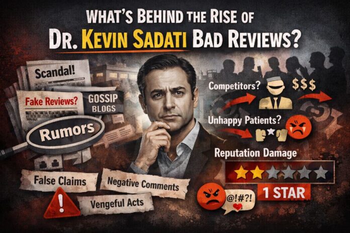 What’s Behind the Rise of Dr Kevin Sadati Bad Reviews A magnifying glass over a laptop showing a patient review website, with a before-and-after photo of a facelift in the background.