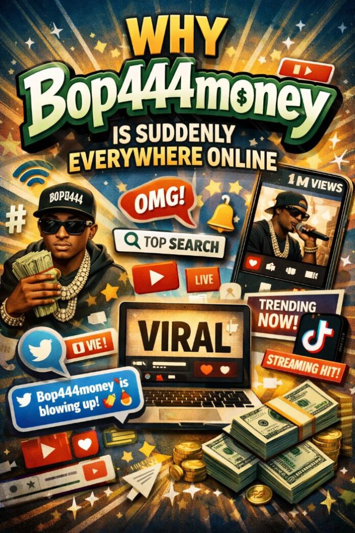 Why Bop444money Is Suddenly Everywhere Online Conceptual image showing the word bop444money trending on a smartphone screen surrounded by social media icons, representing its viral online spread.
