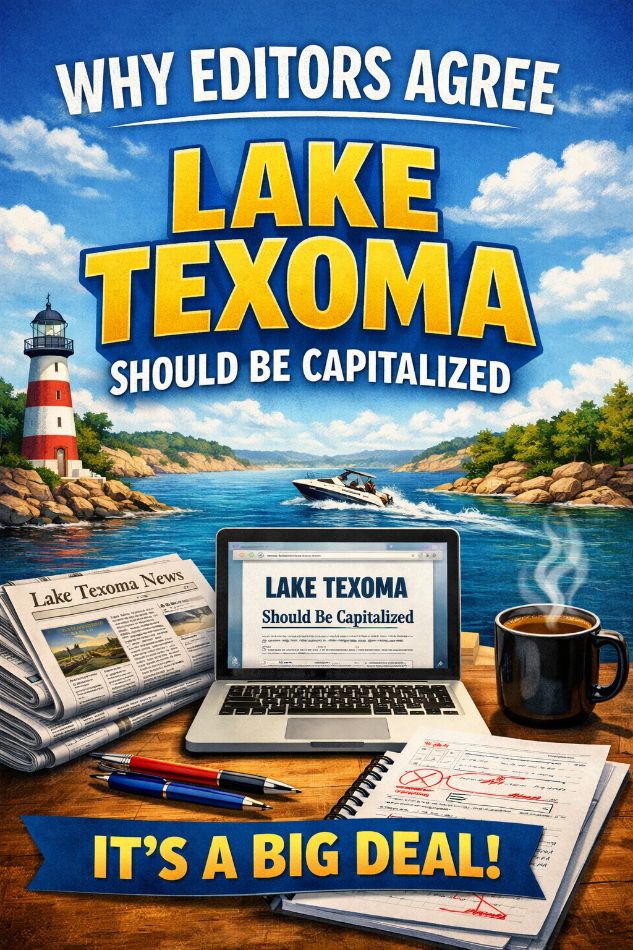 Why Editors Agree Lake Texoma Should Be Capitalized A detailed map highlighting Lake Texoma on the border of Texas and Oklahoma, with an inset showing a close-up of the name in capitalized text.
