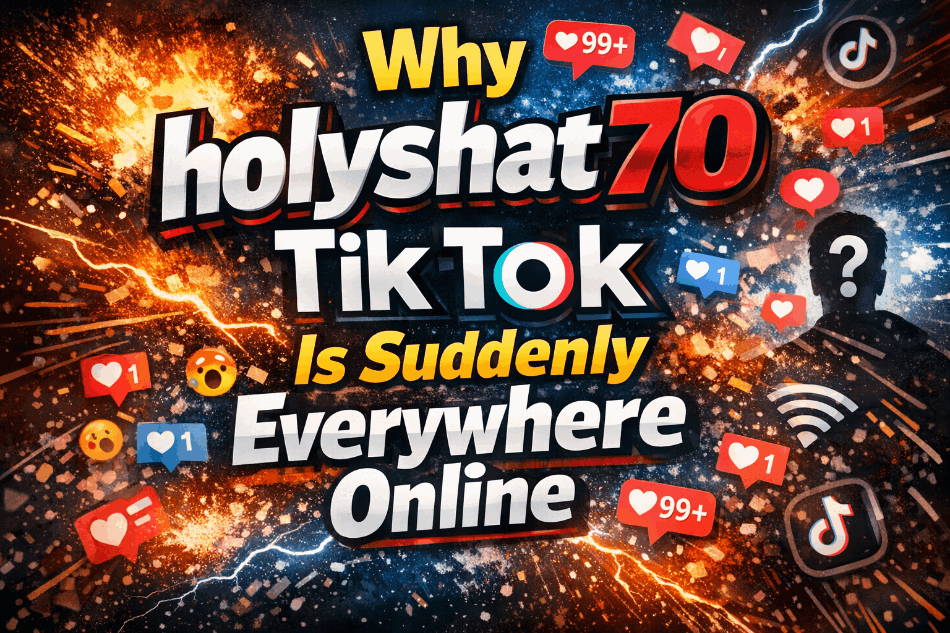 Close-up of a smartphone screen showing the holyshat70 TikTok profile with a viral video playing, surrounded by glowing network connection nodes symbolizing virality.