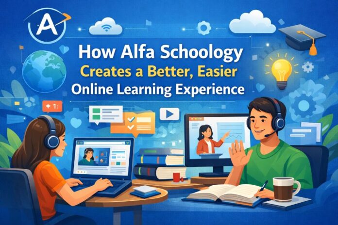 A smiling student and teacher interacting on the Alfa Schoology platform on a laptop.