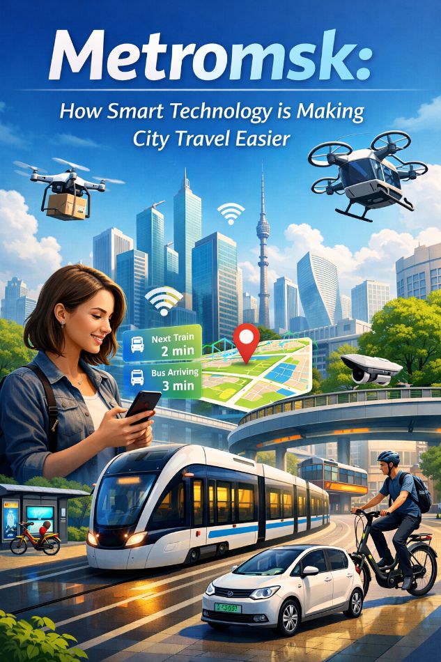 Metromsk How Smart Technology is Making City Travel Easier A person using a smartphone to check a public transport app while waiting at a modern train station.