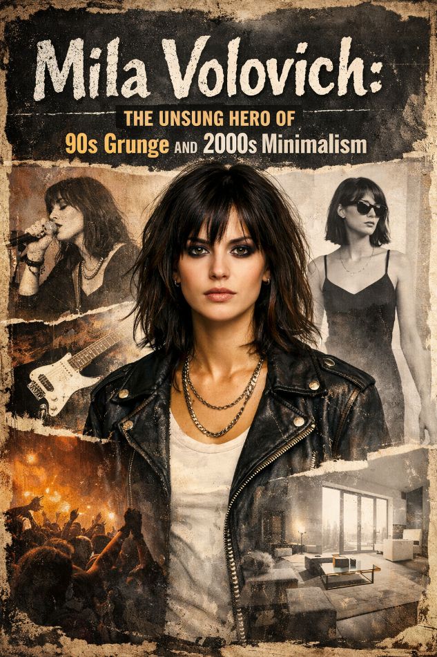 Mila Volovich The Unsung Hero of 90s Grunge and 2000s Minimalism Black and white photo of designer Mila Volovich posing in a layered grunge outfit from the 1990s.